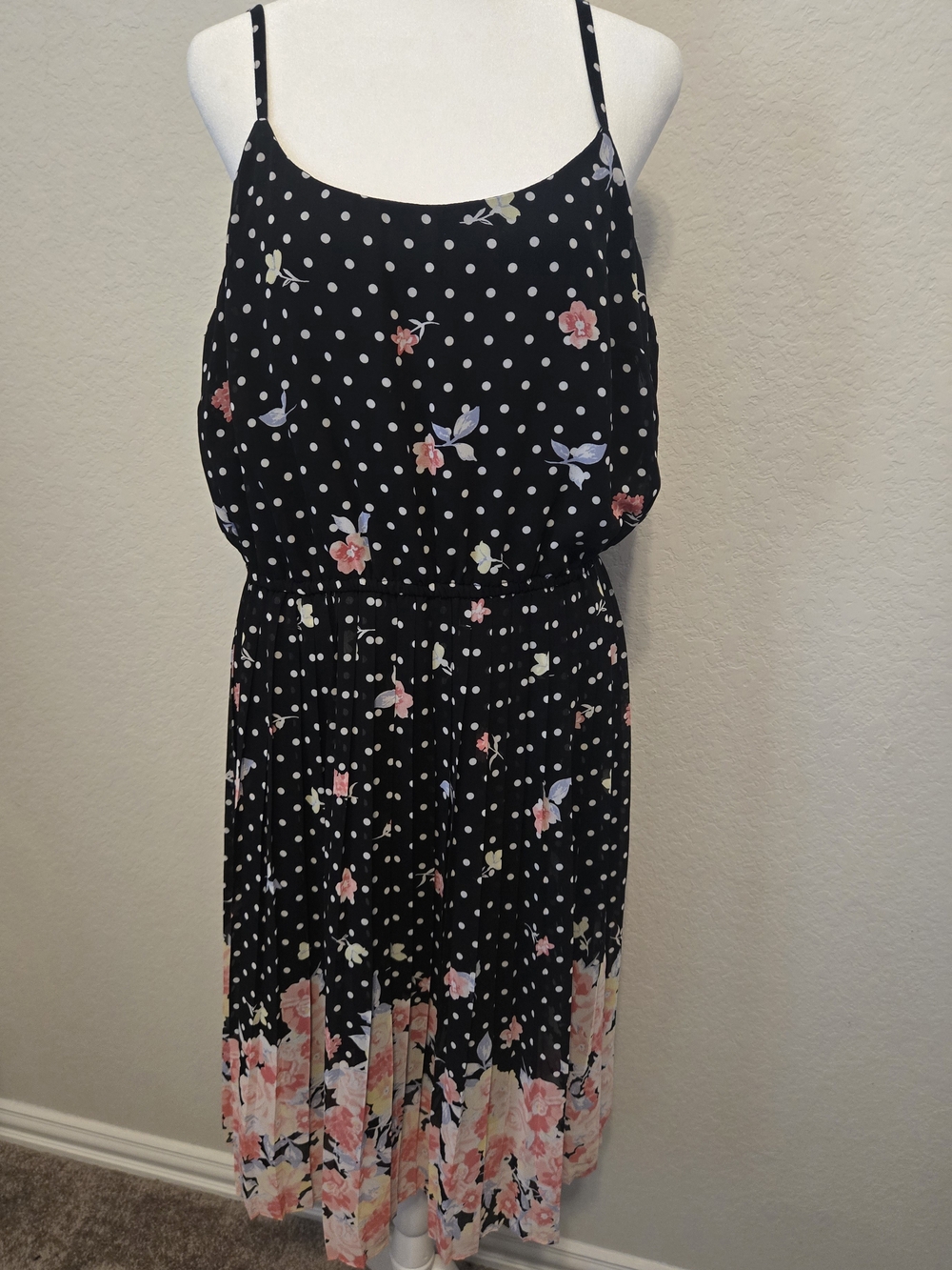 ELLE Black White Pink Polka Dot Floral Chiffon Midi Sundress Scoop Neck XL